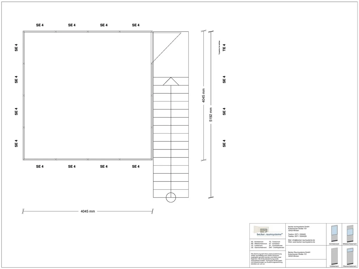 Zeichnung für Hallenbüro auf Stahlbau 4-seitig 4,00 x 4,00 m System RS 45 von Becker Raumsysteme - Artikel HS4-4040