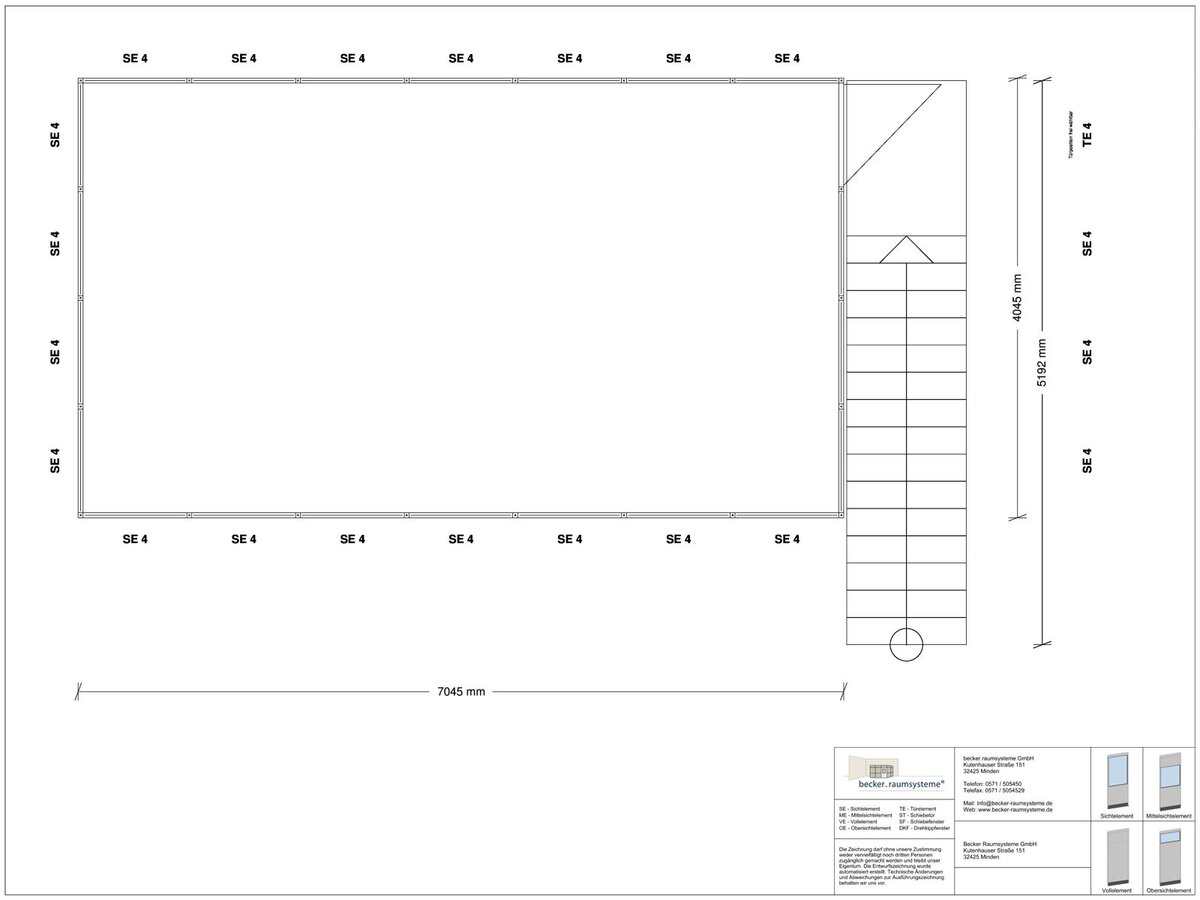 Zeichnung für Hallenbüro auf Stahlbau 4-seitig 7,00 x 4,00 m System RS 45 von Becker Raumsysteme - Artikel HS4-7040