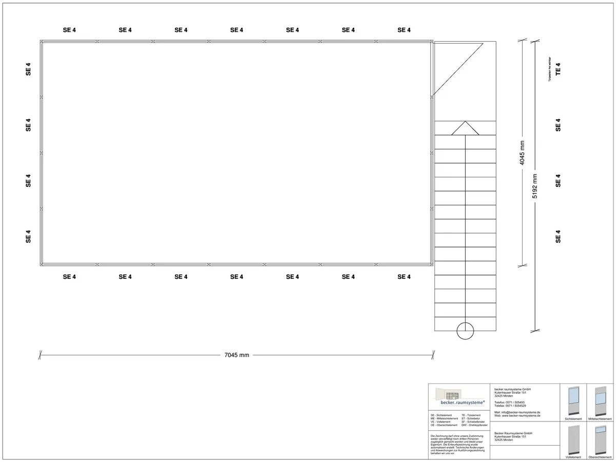 Zeichnung für Hallenbüro auf Stahlbau 4-seitig 7,00 x 4,00 m System RS 45 von Becker Raumsysteme - Artikel HS4-7040