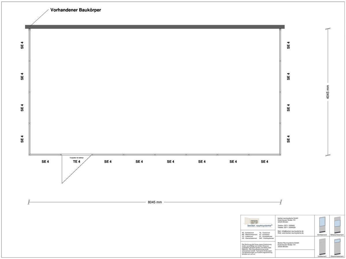 Zeichnung für Hallenbüro 3-seitig 8,00 x 4,00 m System RS 45 von Becker Raumsysteme - Artikel HB3-8040