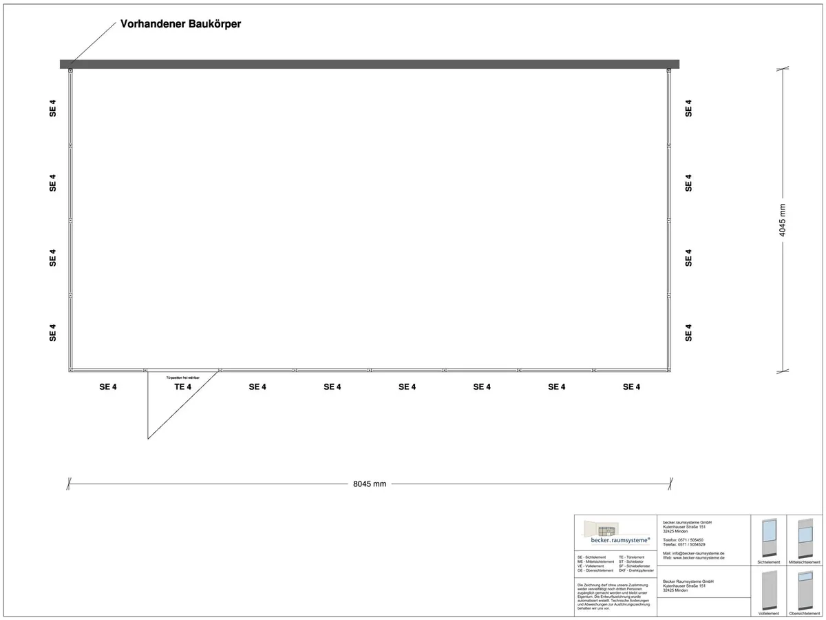 Zeichnung für Hallenbüro 3-seitig 8,00 x 4,00 m System RS 45 von Becker Raumsysteme - Artikel HB3-8040