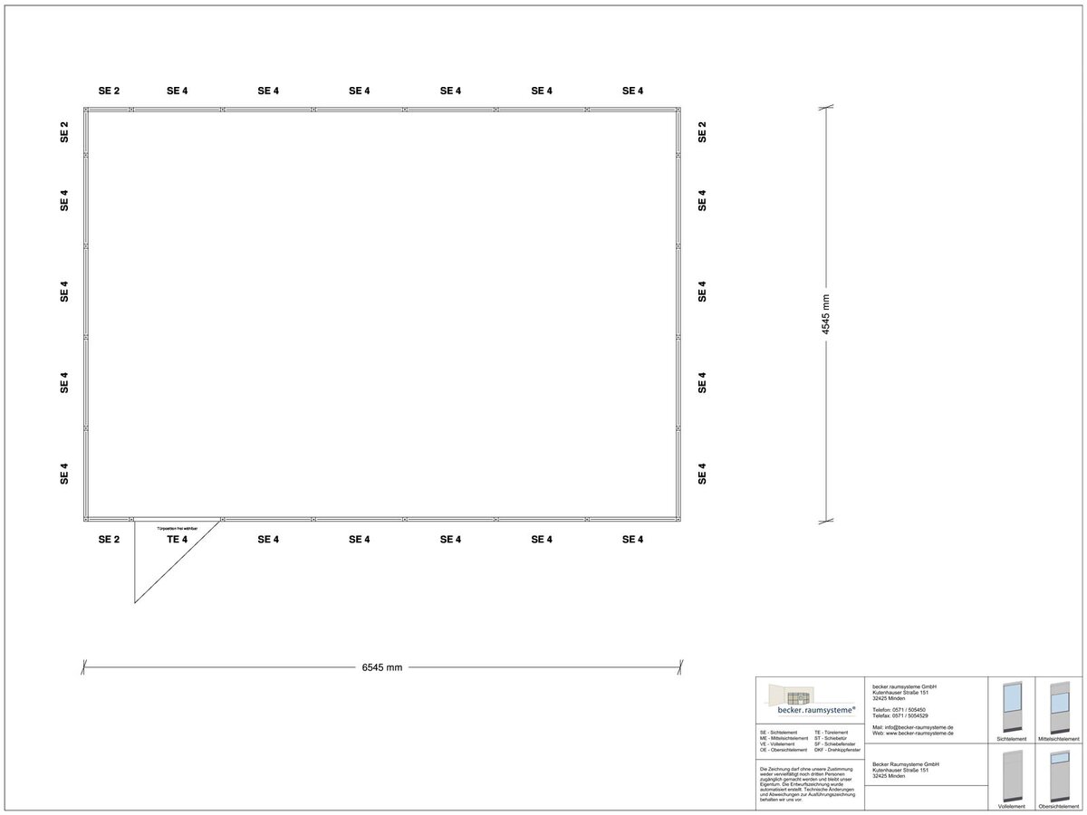Zeichnung für Hallenbüro 4-seitig 6,50 x 4,50 m System RS 45 von Becker Raumsysteme - Artikel HB4-6545