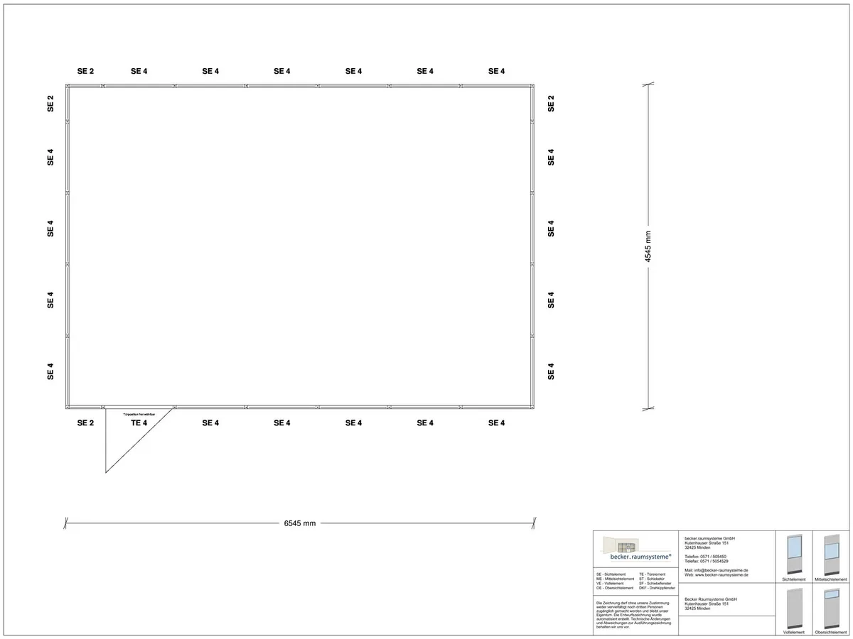 Zeichnung für Hallenbüro 4-seitig 6,50 x 4,50 m System RS 45 von Becker Raumsysteme - Artikel HB4-6545