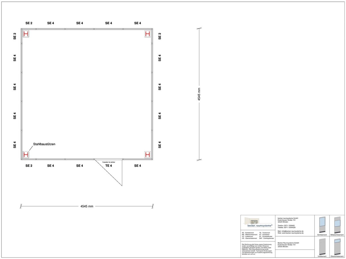 Zeichnung für Hallenbüro als Doppelstock 4-seitig 4,50 x 4,50 m System RS 45 von Becker Raumsysteme - Artikel HD4-4545