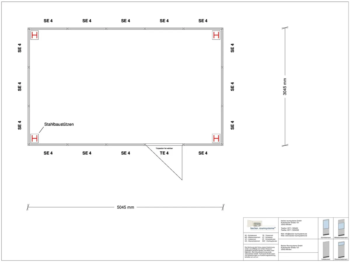 Zeichnung für Hallenbüro als Doppelstock 4-seitig 5,00 x 3,00 m System RS 45 von Becker Raumsysteme - Artikel HD4-5030