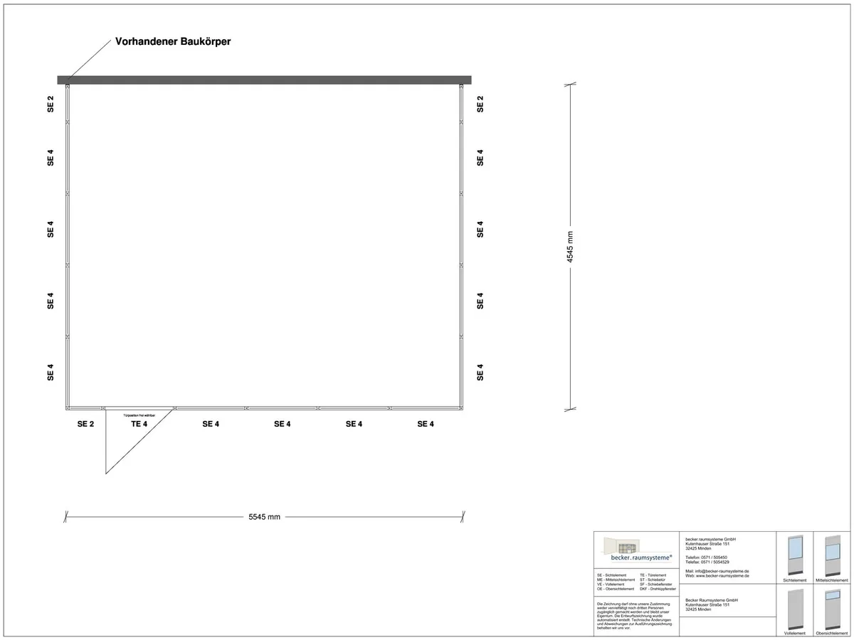 Zeichnung für Hallenbüro 3-seitig 5,50 x 4,50 m System RS 45 von Becker Raumsysteme - Artikel HB3-5545