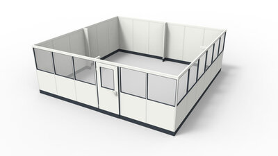 Maschineneinhausungen für industriellen Anforderungen Maschineneinhausungen für die Industrie aus modularen Bauteilen in einer Lagerhalle