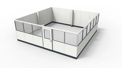 Maschineneinhausungen für industriellen Anforderungen Maschineneinhausungen für die Industrie aus modularen Bauteilen in einer Lagerhalle