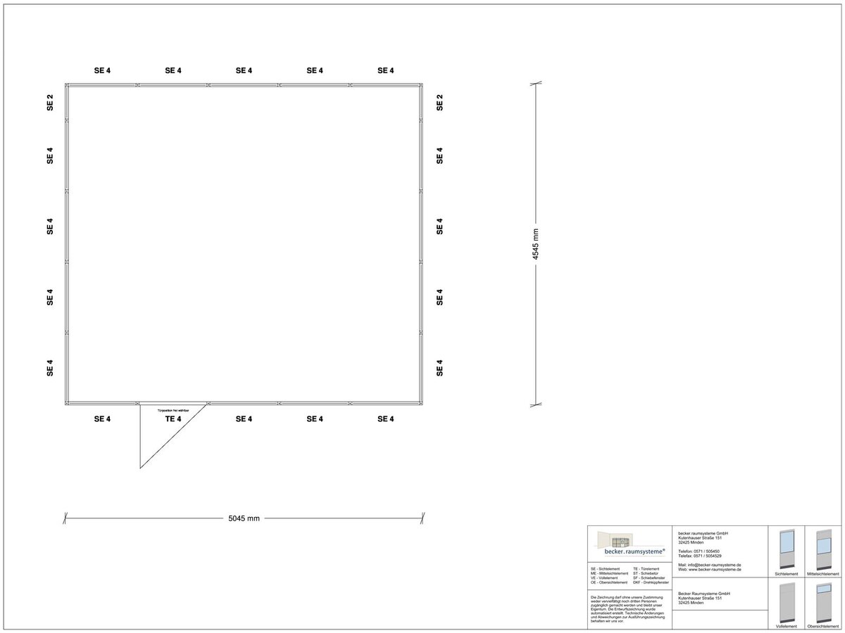 Zeichnung für Hallenbüro 4-seitig 5,00 x 4,50 m System RS 45 von Becker Raumsysteme - Artikel HB4-5045