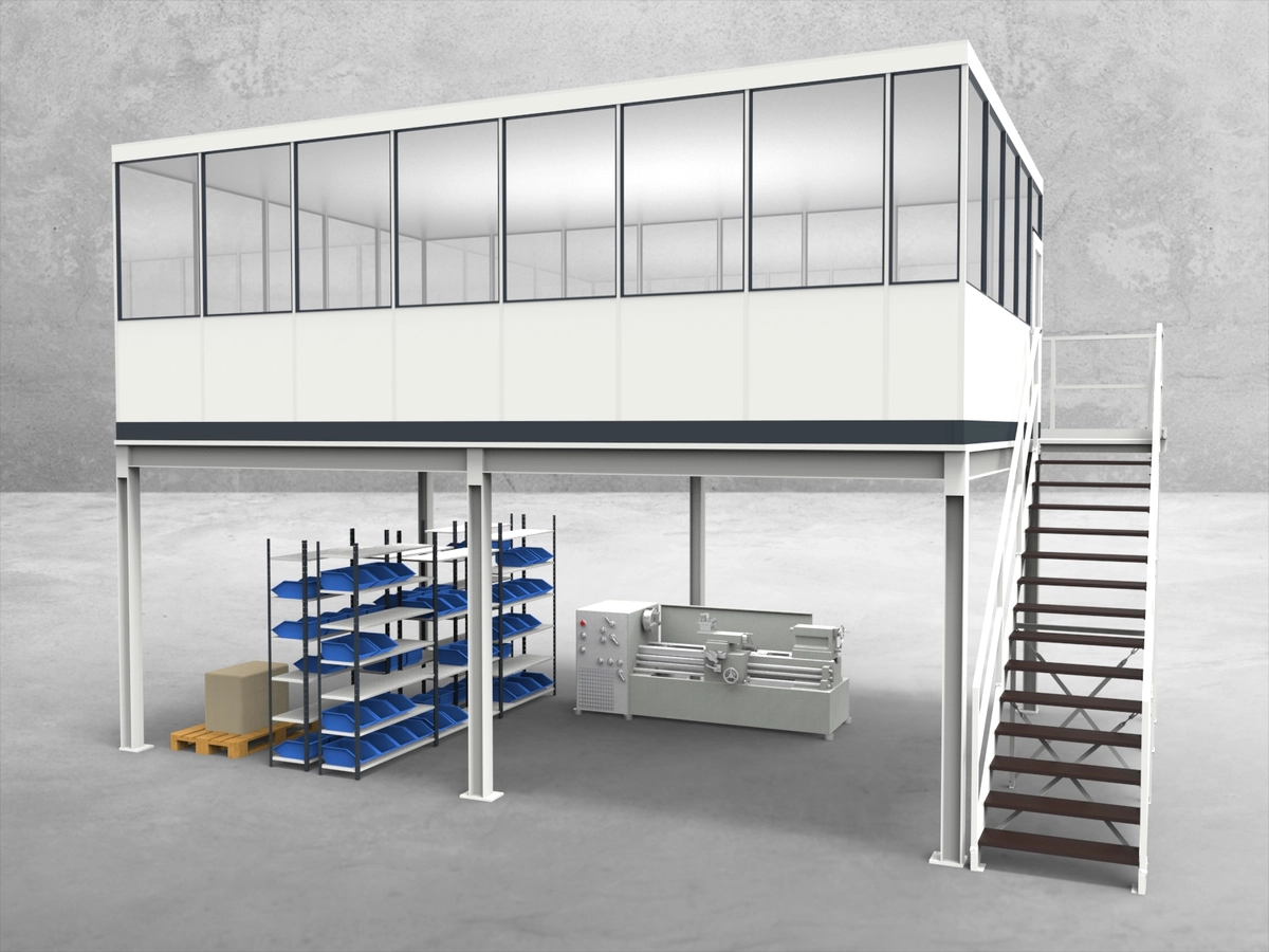 Aussenansicht für Hallenbüro auf Stahlbau 4-seitig 7,50 x 5,00 m System RS 45 von Becker Raumsysteme - Artikel HS4-7550