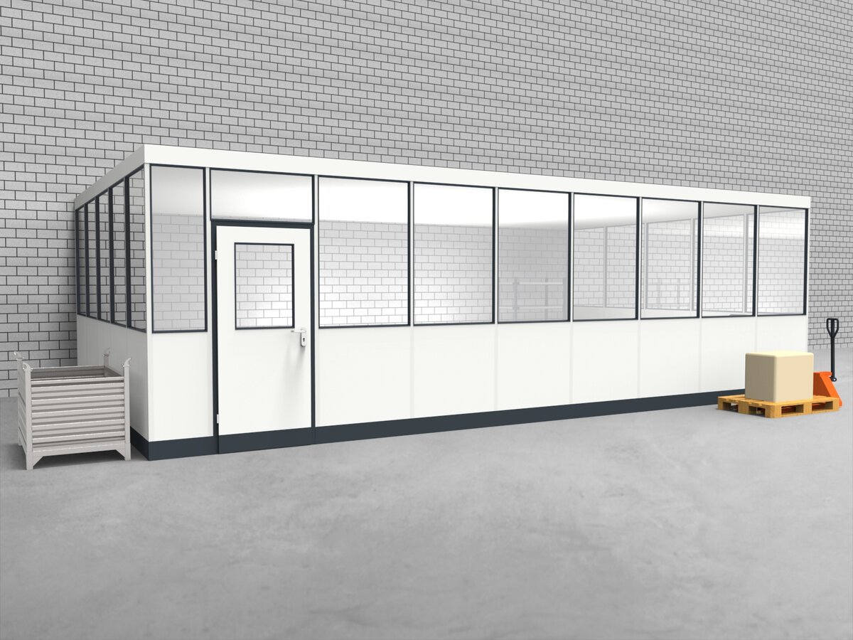 Aussenansicht für Hallenbüro 3-seitig 6,50 x 4,50 m System RS 45 von Becker Raumsysteme - Artikel HB3-6545