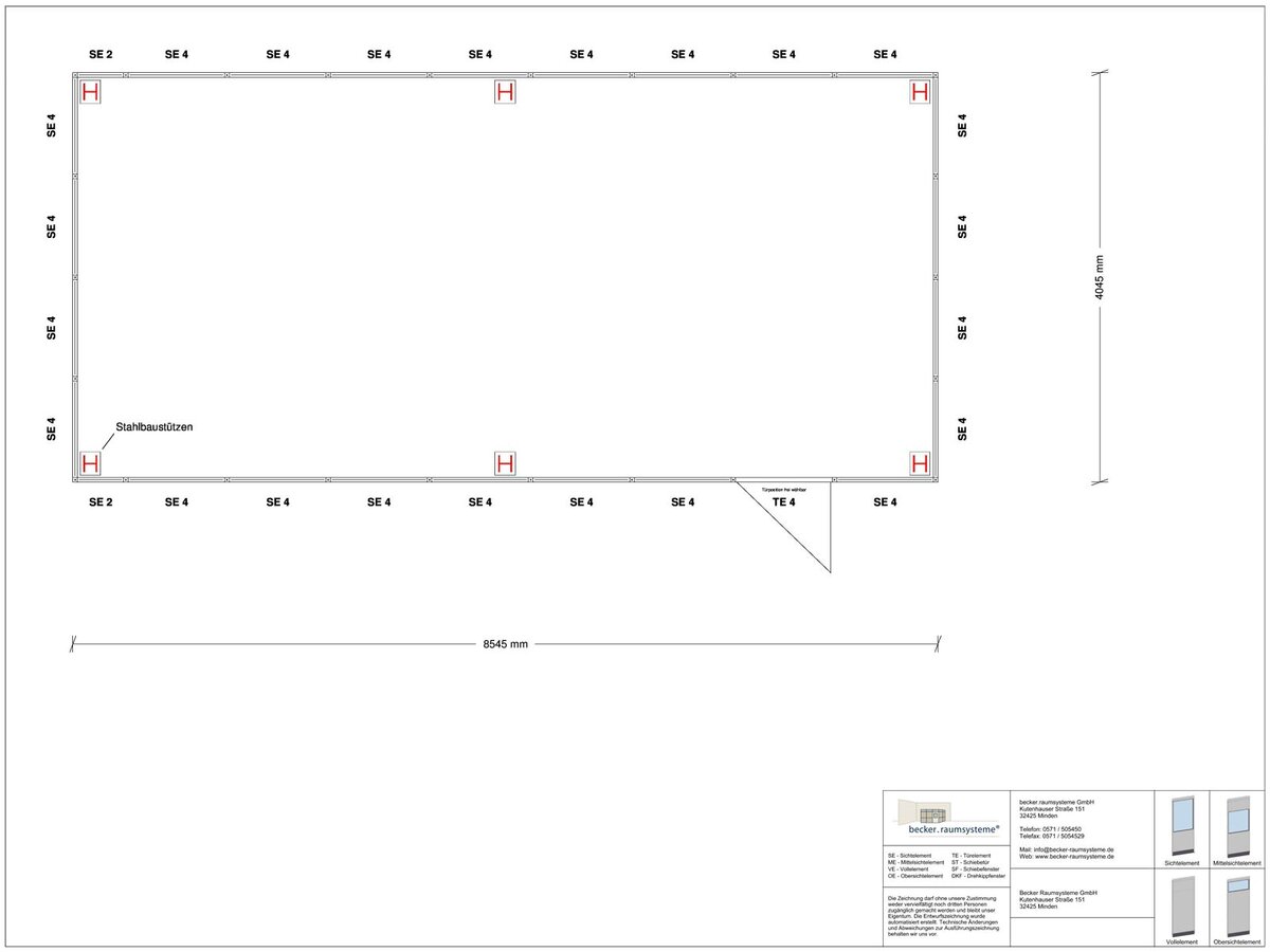 Zeichnung für Hallenbüro als Doppelstock 4-seitig 8,50 x 4,00 m System RS 45 von Becker Raumsysteme - Artikel HD4-8540