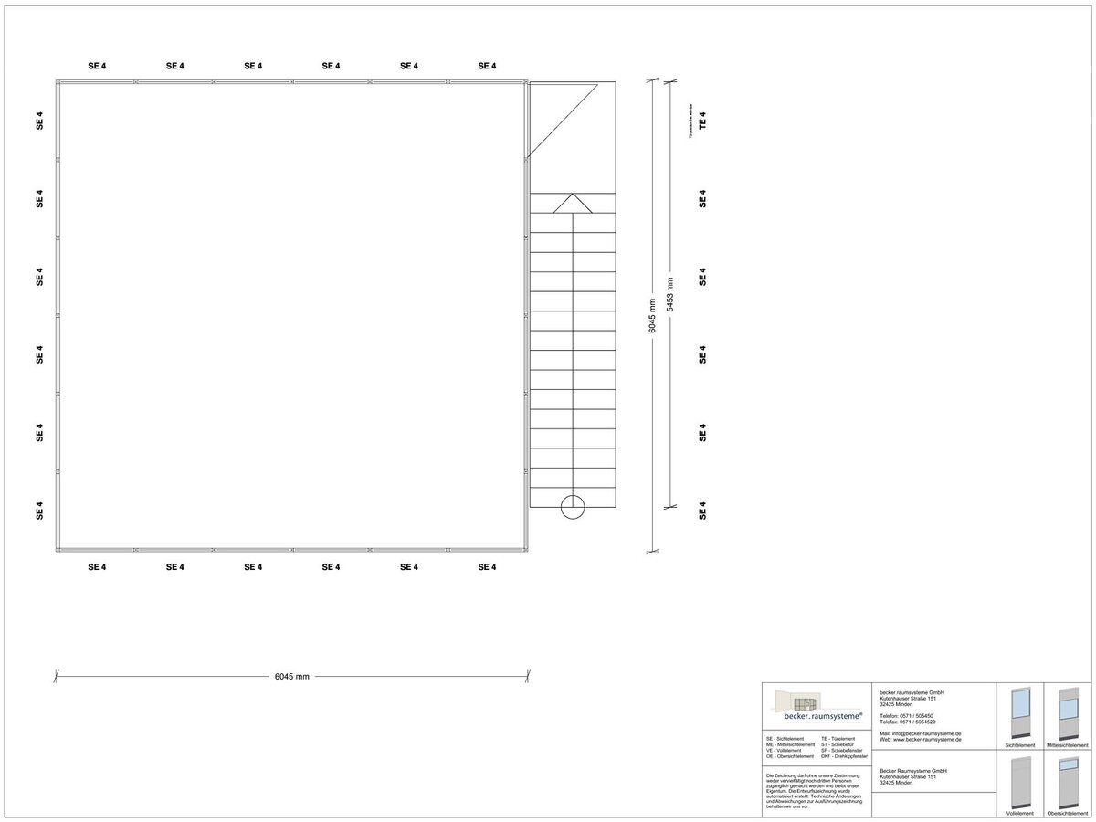 Zeichnung für Hallenbüro auf Stahlbau 4-seitig 6,00 x 6,00 m System RS 45 von Becker Raumsysteme - Artikel HS4-6060