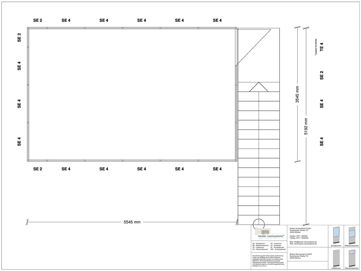 Zeichnung für Hallenbüro als Doppelstock 4-seitig 5,50 x 3,50 m System RS 45 von Becker Raumsysteme - Artikel HD4-5535