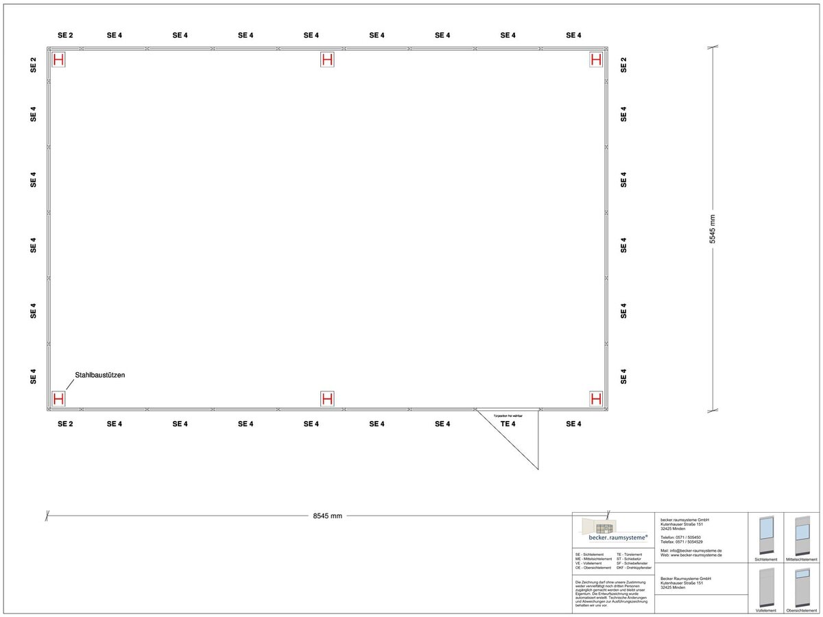 Zeichnung für Hallenbüro als Doppelstock 4-seitig 8,50 x 5,50 m System RS 45 von Becker Raumsysteme - Artikel HD4-8555