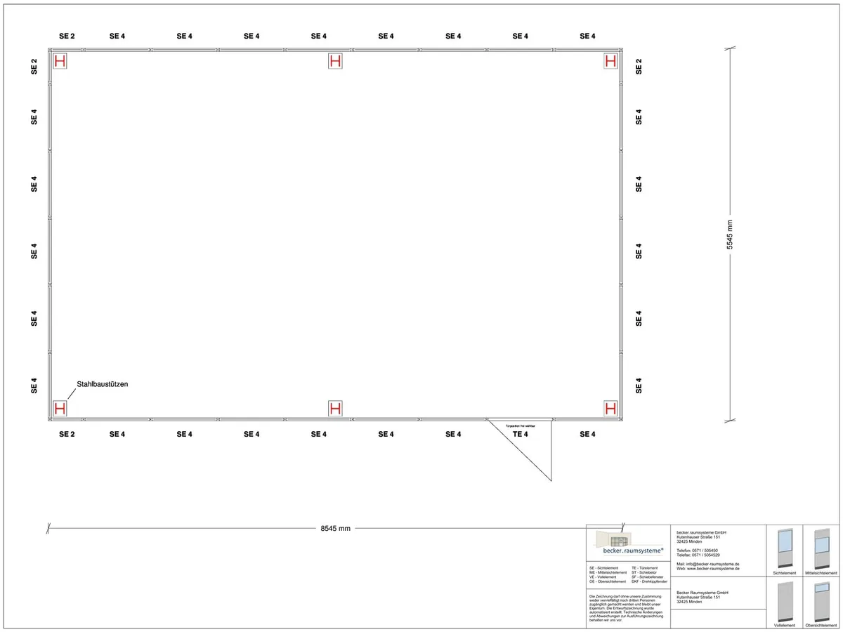 Zeichnung für Hallenbüro als Doppelstock 4-seitig 8,50 x 5,50 m System RS 45 von Becker Raumsysteme - Artikel HD4-8555