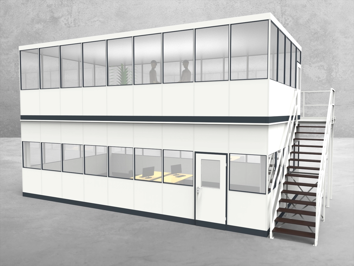 Aussenansicht für Hallenbüro als Doppelstock 4-seitig 9,00 x 5,00 m System RS 45 von Becker Raumsysteme - Artikel HD4-9050