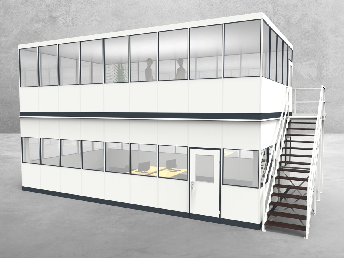 Aussenansicht für Hallenbüro als Doppelstock 4-seitig 9,00 x 5,00 m System RS 45 von Becker Raumsysteme - Artikel HD4-9050