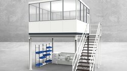 Hallenbüro auf Stahlbau 4-seitig 4,00 x 4,00 m - Aussenansicht (HS4-4040) Aussenansicht für Hallenbüro auf Stahlbau 4-seitig 4,00 x 4,00 m System RS 45 von Becker Raumsysteme - Artikel HS4-4040