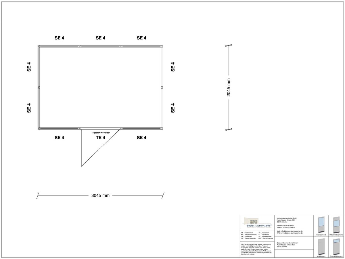Zeichnung für Hallenbüro 4-seitig 3,00 x 2,00 m System RS 45 von Becker Raumsysteme - Artikel HB4-3020