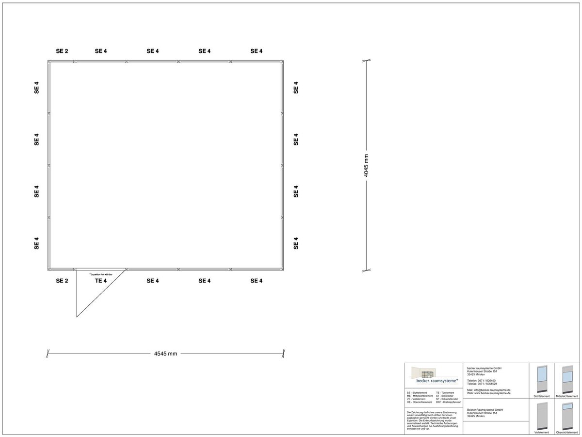 Zeichnung für Hallenbüro 4-seitig 4,50 x 4,00 m System RS 45 von Becker Raumsysteme - Artikel HB4-4540