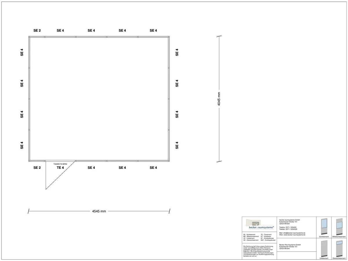 Zeichnung für Hallenbüro 4-seitig 4,50 x 4,00 m System RS 45 von Becker Raumsysteme - Artikel HB4-4540