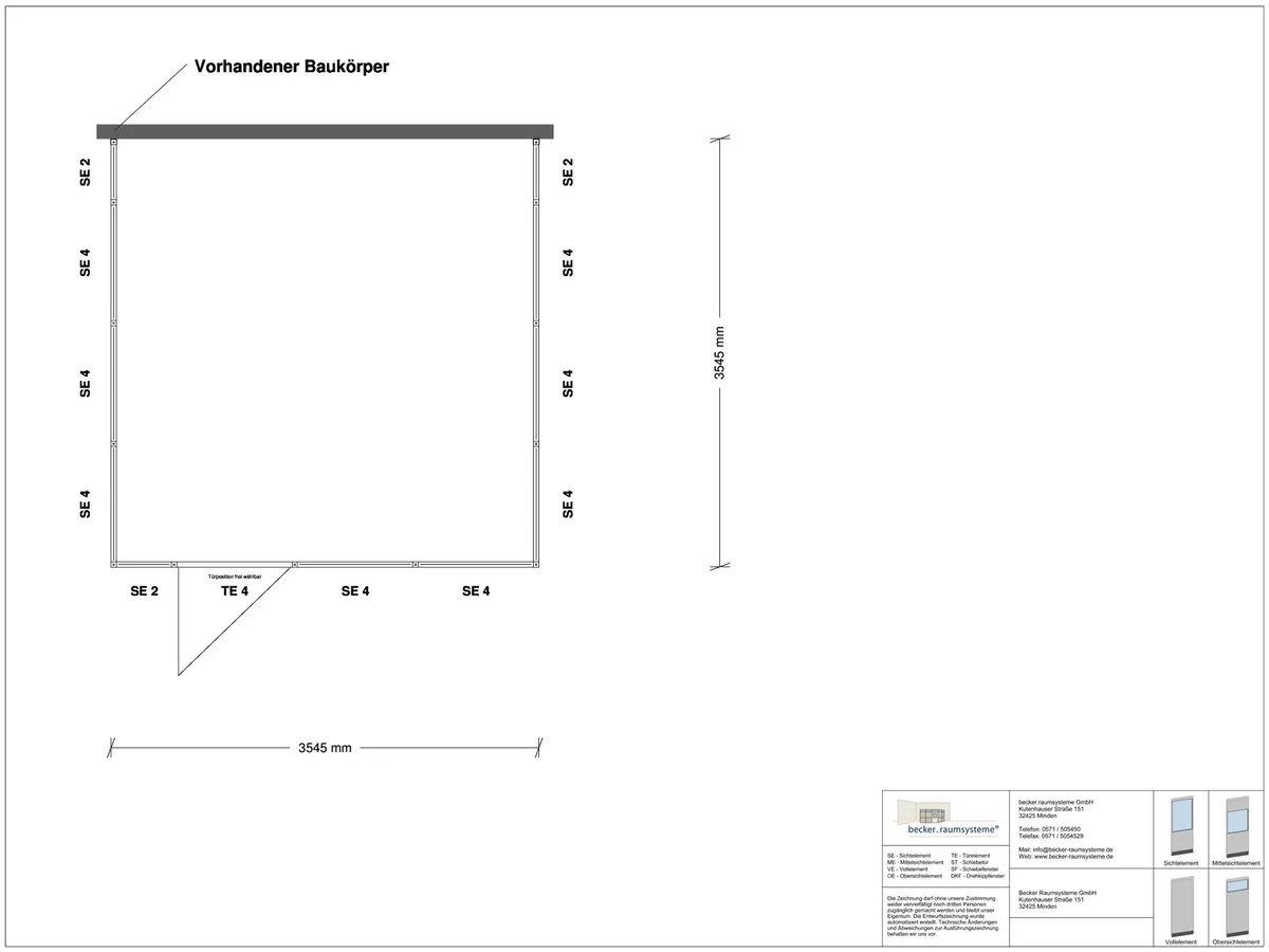 Zeichnung für Hallenbüro 3-seitig 3,50 x 3,50 m System RS 45 von Becker Raumsysteme - Artikel HB3-3535