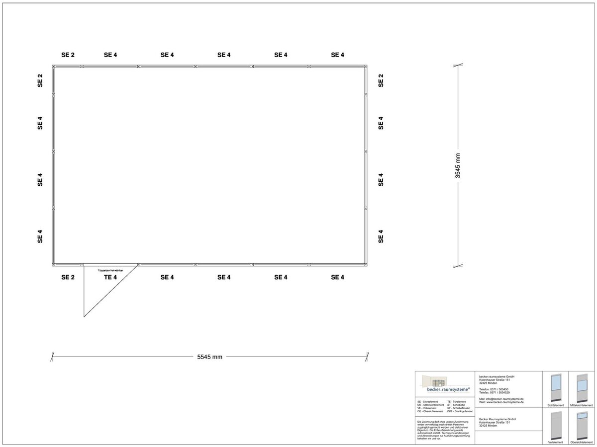 Zeichnung für Hallenbüro 4-seitig 5,50 x 3,50 m System RS 45 von Becker Raumsysteme - Artikel HB4-5535