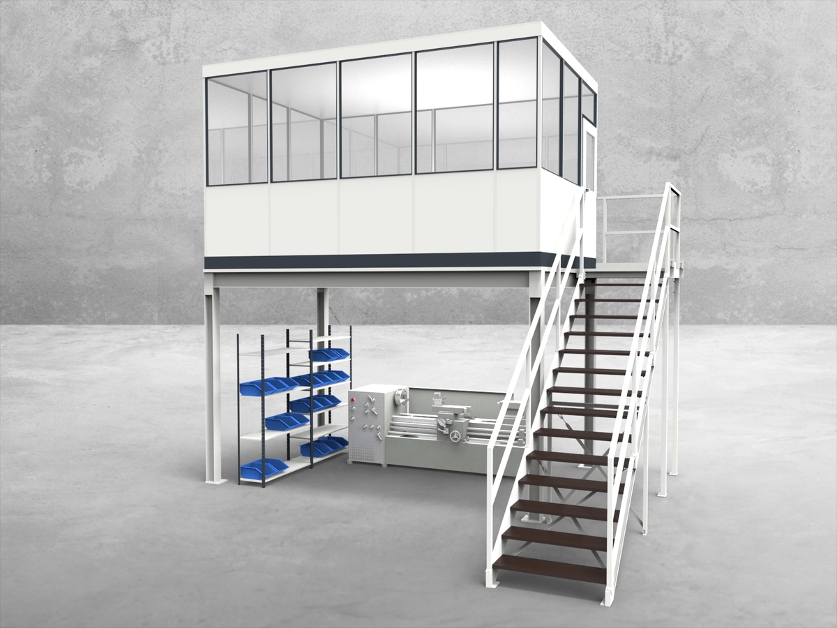 Aussenansicht für Hallenbüro auf Stahlbau 4-seitig 4,50 x 3,00 m System RS 45 von Becker Raumsysteme - Artikel HS4-4530