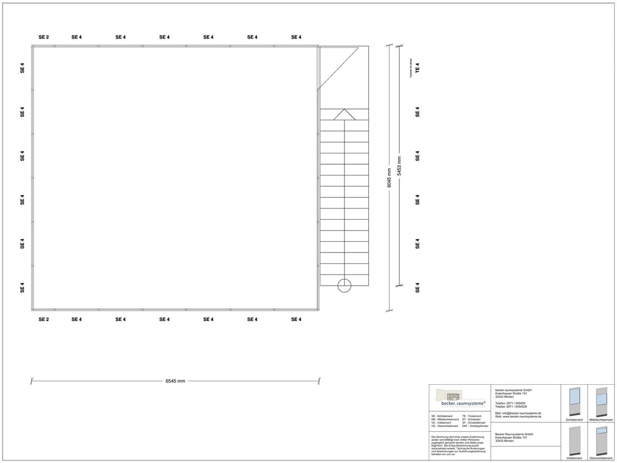 Aussenansicht für Hallenbüro auf Stahlbau 4-seitig 7,00 x 4,00 m System RS 45 von Becker Raumsysteme - Artikel HS4-7040