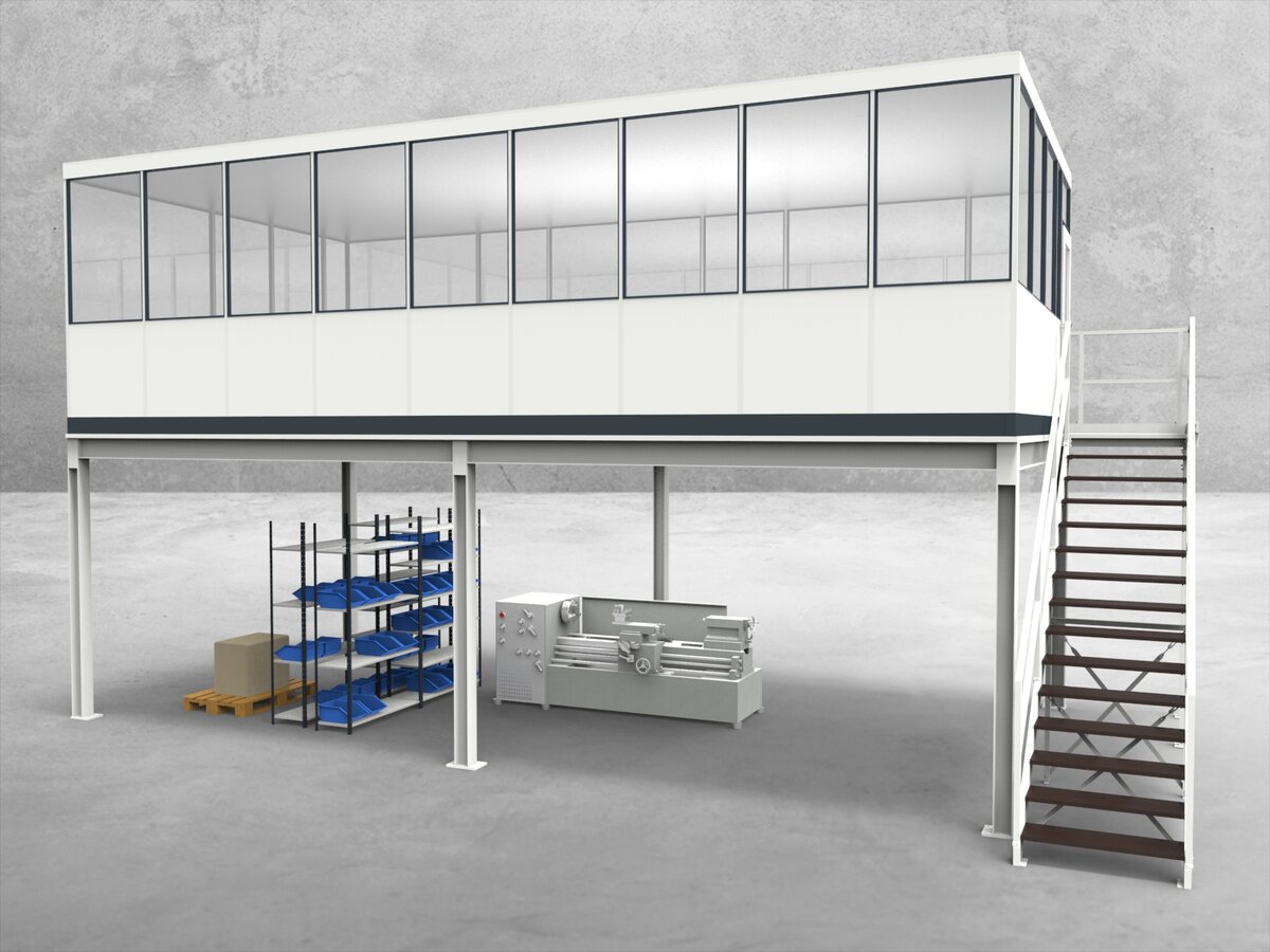 Aussenansicht für Hallenbüro auf Stahlbau 4-seitig 9,00 x 4,50 m System RS 45 von Becker Raumsysteme - Artikel HS4-9045