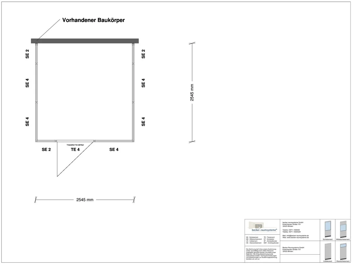 Zeichnung für Hallenbüro 3-seitig 2,50 x 2,50 m System RS 45 von Becker Raumsysteme - Artikel HB3-2525