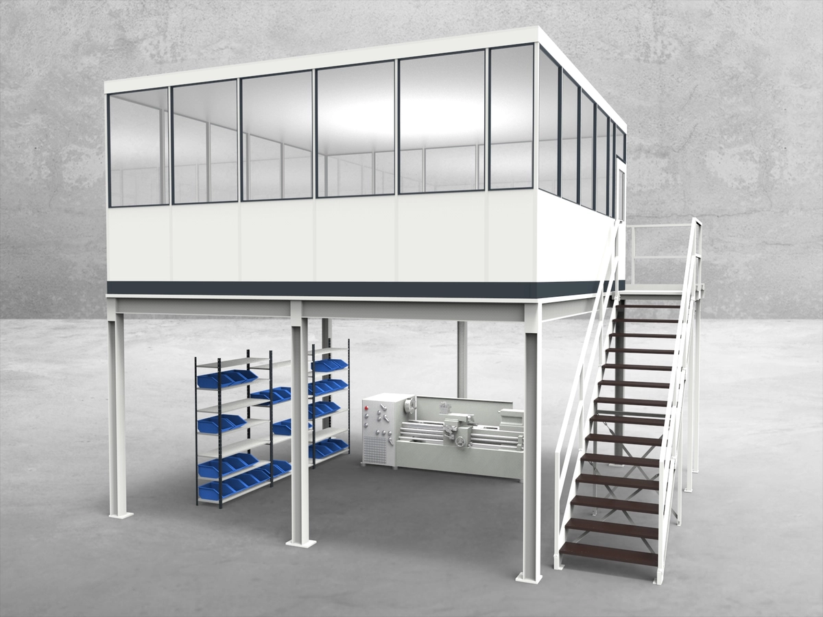 Aussenansicht für Hallenbüro auf Stahlbau 4-seitig 5,50 x 5,50 m System RS 45 von Becker Raumsysteme - Artikel HS4-5555