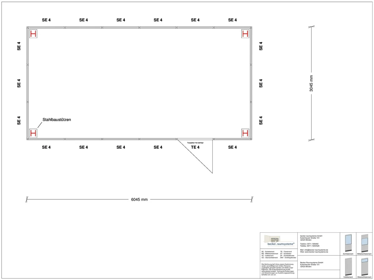 Zeichnung für Hallenbüro als Doppelstock 4-seitig 6,00 x 3,00 m System RS 45 von Becker Raumsysteme - Artikel HD4-6030