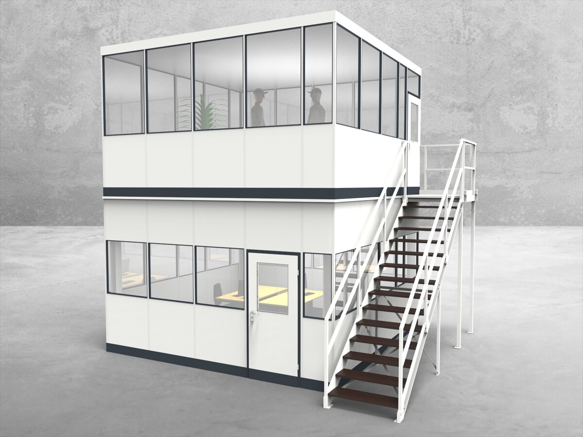 Aussenansicht für Hallenbüro als Doppelstock 4-seitig 4,50 x 4,50 m System RS 45 von Becker Raumsysteme - Artikel HD4-4545