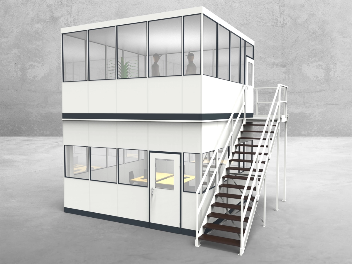 Aussenansicht für Hallenbüro als Doppelstock 4-seitig 4,50 x 4,50 m System RS 45 von Becker Raumsysteme - Artikel HD4-4545