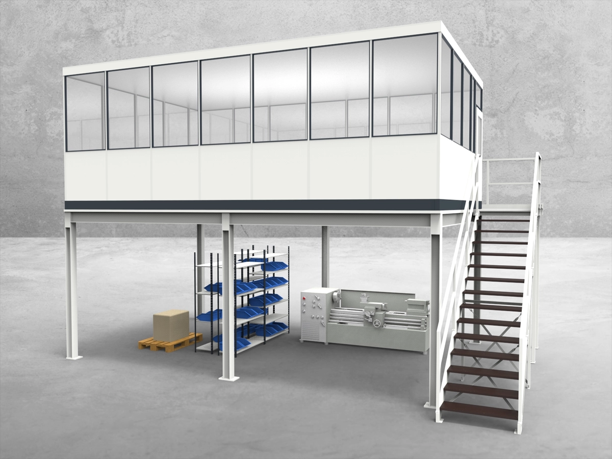 Aussenansicht für Hallenbüro auf Stahlbau 4-seitig 7,00 x 4,50 m System RS 45 von Becker Raumsysteme - Artikel HS4-7045