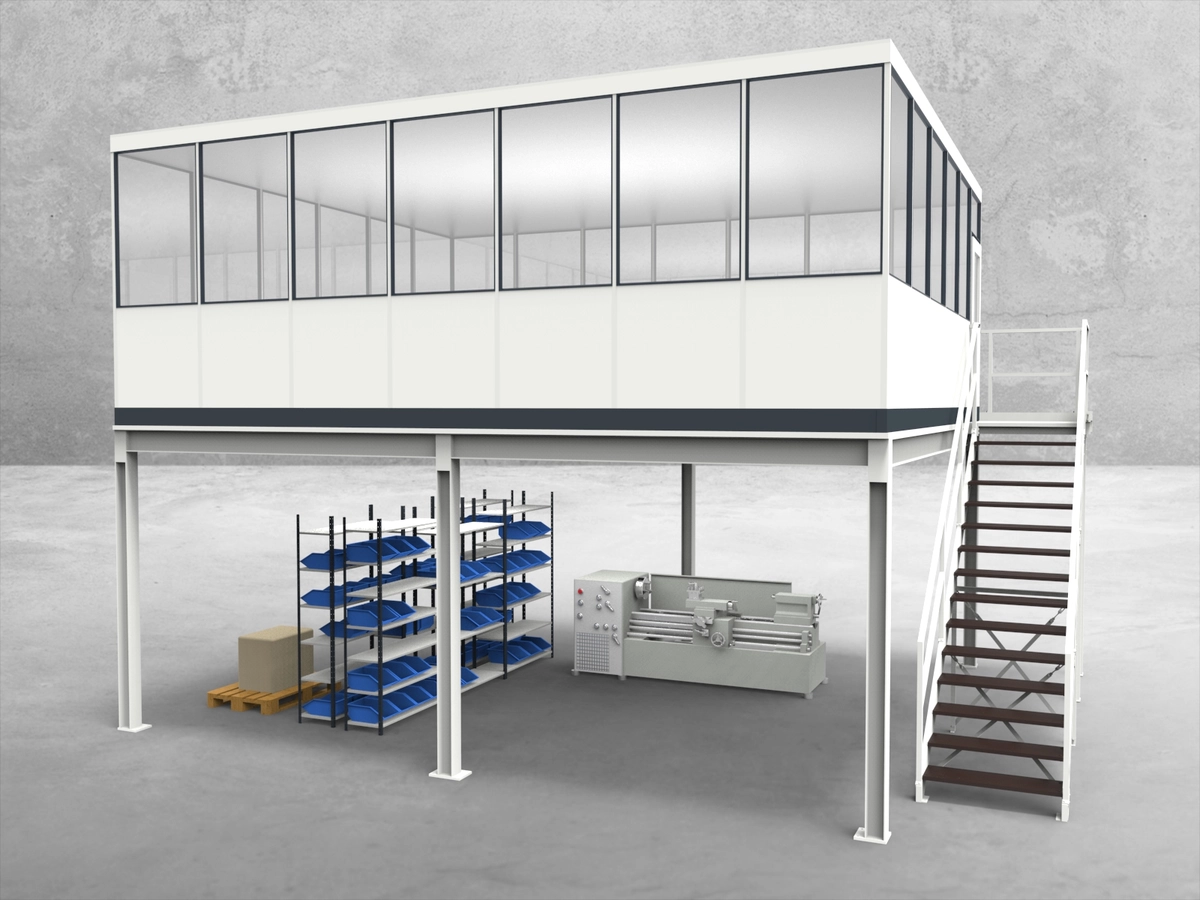 Aussenansicht für Hallenbüro auf Stahlbau 4-seitig 7,00 x 6,00 m System RS 45 von Becker Raumsysteme - Artikel HS4-7060