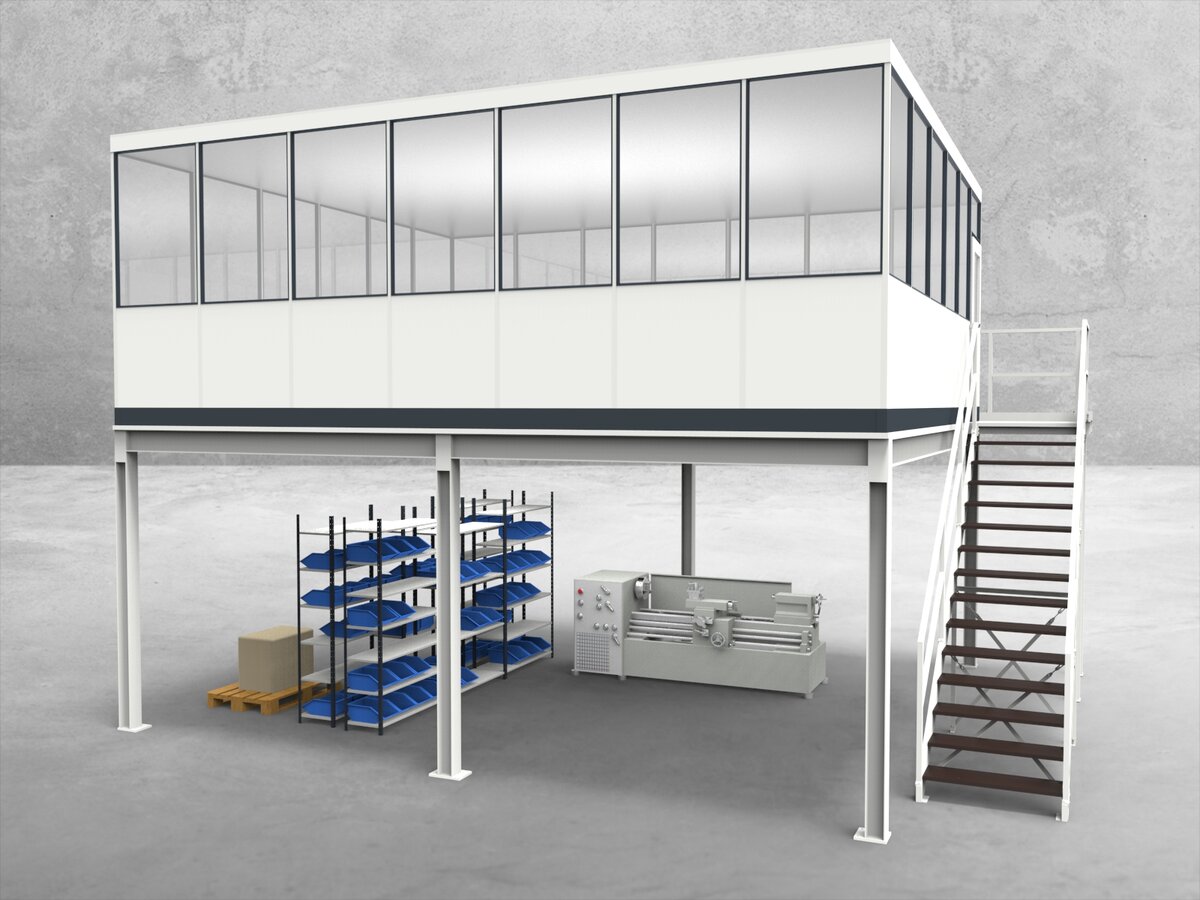 Aussenansicht für Hallenbüro auf Stahlbau 4-seitig 7,00 x 6,00 m System RS 45 von Becker Raumsysteme - Artikel HS4-7060