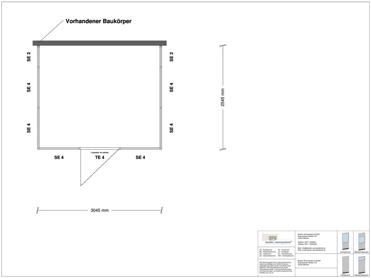 Zeichnung für Hallenbüro 3-seitig 3,00 x 2,50 m System RS 45 von Becker Raumsysteme - Artikel HB3-3025