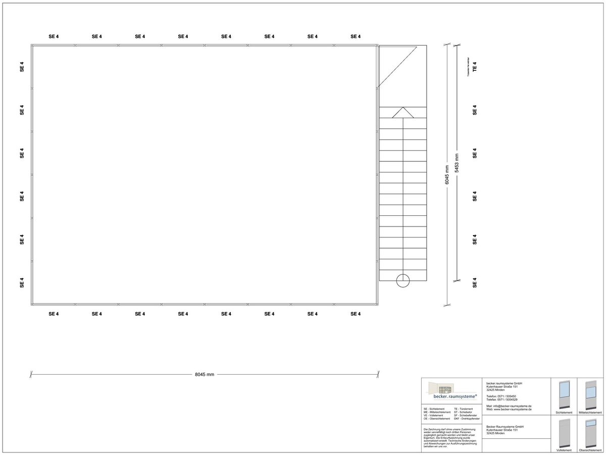 Zeichnung für Hallenbüro als Doppelstock 4-seitig 8,00 x 6,00 m System RS 45 von Becker Raumsysteme - Artikel HD4-8060