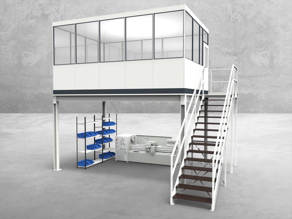 Aussenansicht für Hallenbüro auf Stahlbau 4-seitig 5,00 x 3,50 m System RS 45 von Becker Raumsysteme - Artikel HS4-5035