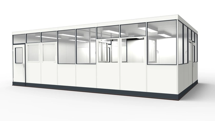 Meisterbüro aus dem System RS45 Meisterbüro für die Industrie aus modularen Bauteilen in einer Lagerhalle