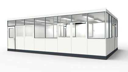 Meisterbüro aus dem System RS45 Meisterbüro für die Industrie aus modularen Bauteilen in einer Lagerhalle
