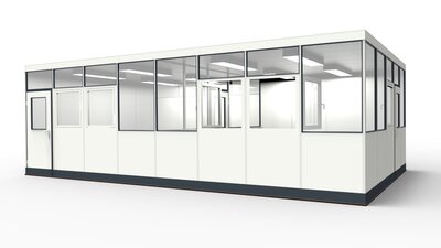 Meisterbüro aus dem System RS45 Meisterbüro für die Industrie aus modularen Bauteilen in einer Lagerhalle