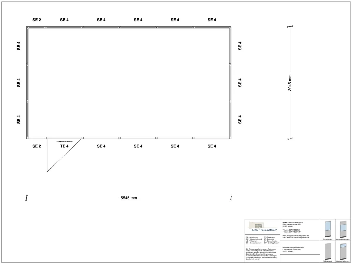 Zeichnung für Stellwand 4-seitig 5,50 x 3,00 m System RS 45 von Becker Raumsysteme - Artikel SW4-5530