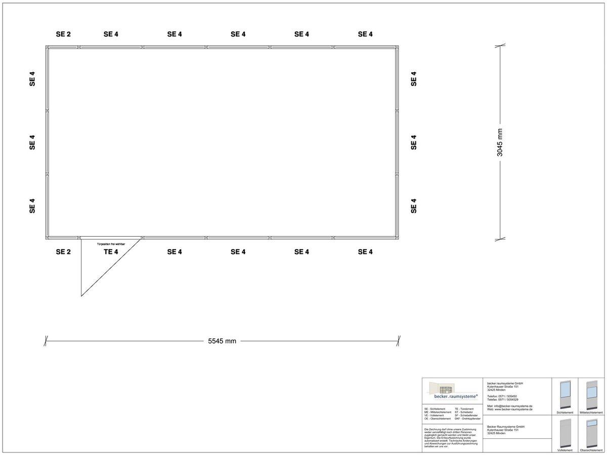 Zeichnung für Stellwand 4-seitig 5,50 x 3,00 m System RS 45 von Becker Raumsysteme - Artikel SW4-5530
