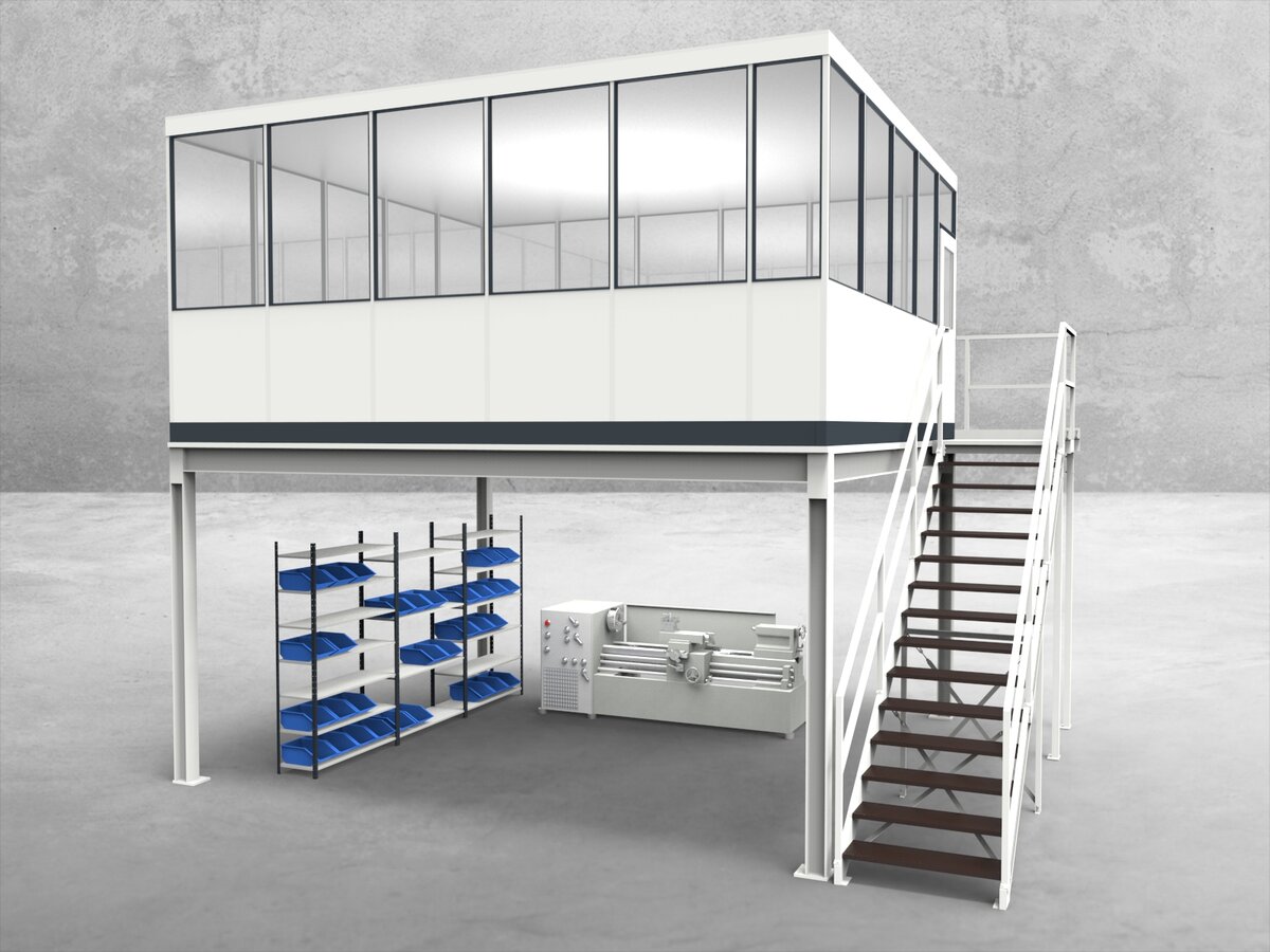Aussenansicht für Hallenbüro auf Stahlbau 4-seitig 5,50 x 5,00 m System RS 45 von Becker Raumsysteme - Artikel HS4-5550
