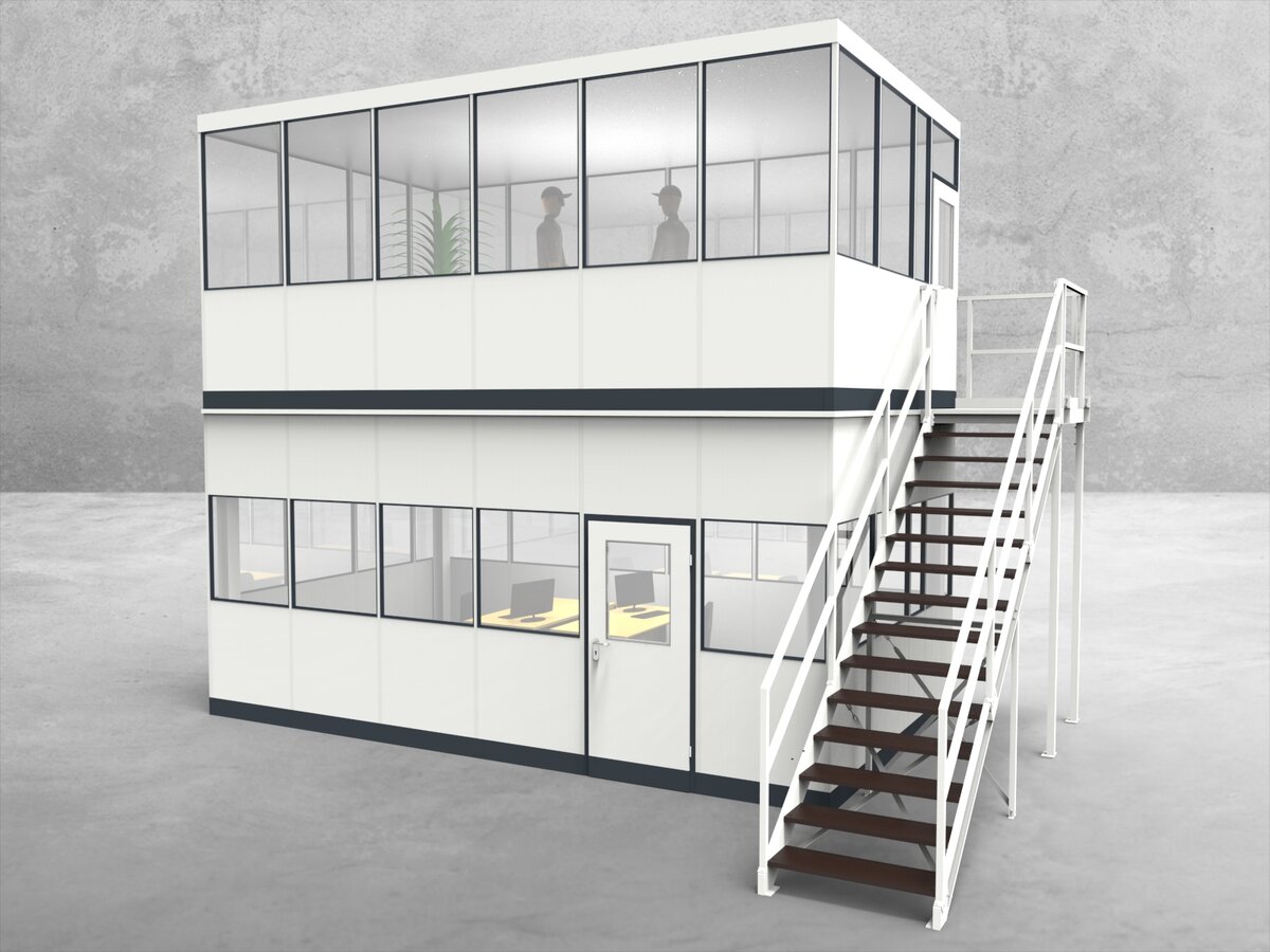 Aussenansicht für Hallenbüro als Doppelstock 4-seitig 6,00 x 3,50 m System RS 45 von Becker Raumsysteme - Artikel HD4-6035