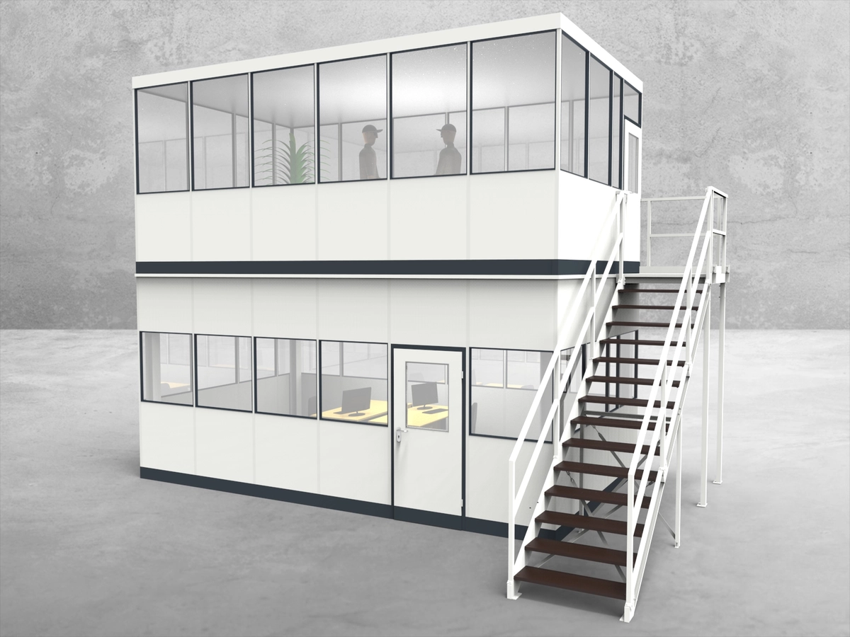 Aussenansicht für Hallenbüro als Doppelstock 4-seitig 6,00 x 3,50 m System RS 45 von Becker Raumsysteme - Artikel HD4-6035